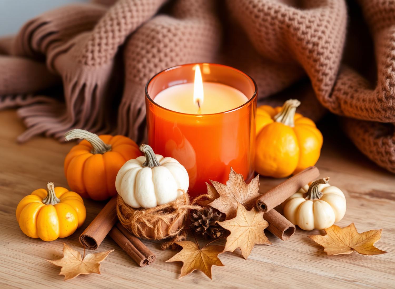Autumn candle styled with pumpkins and cinnamon