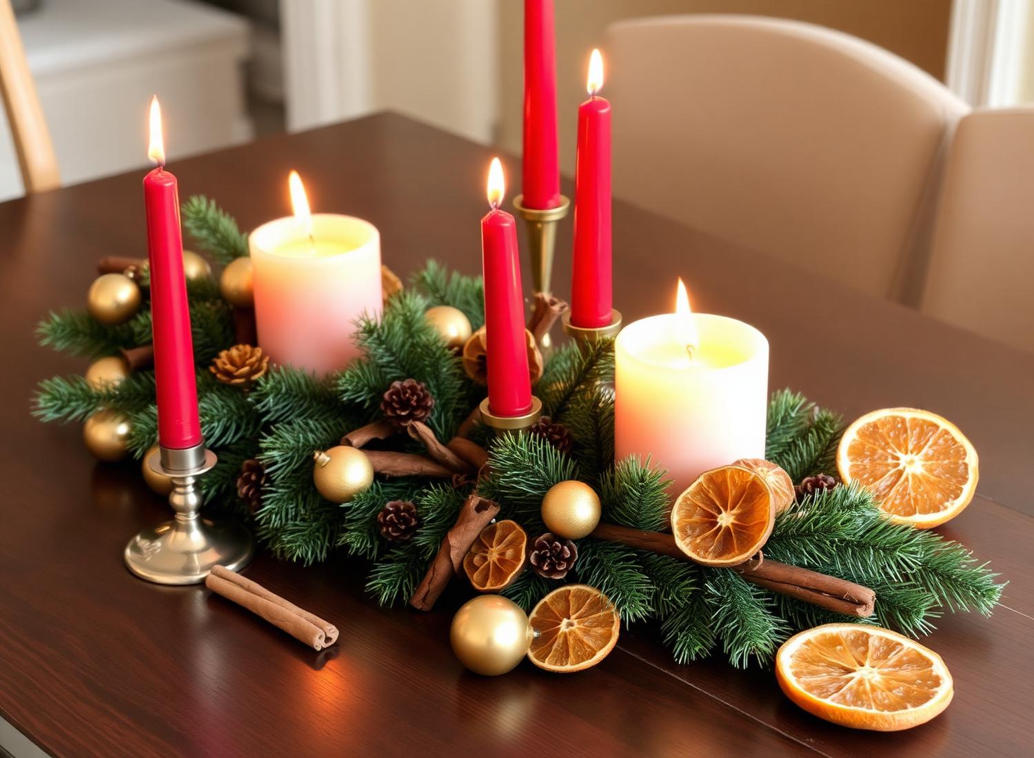 Holiday candles with pine and dried orange