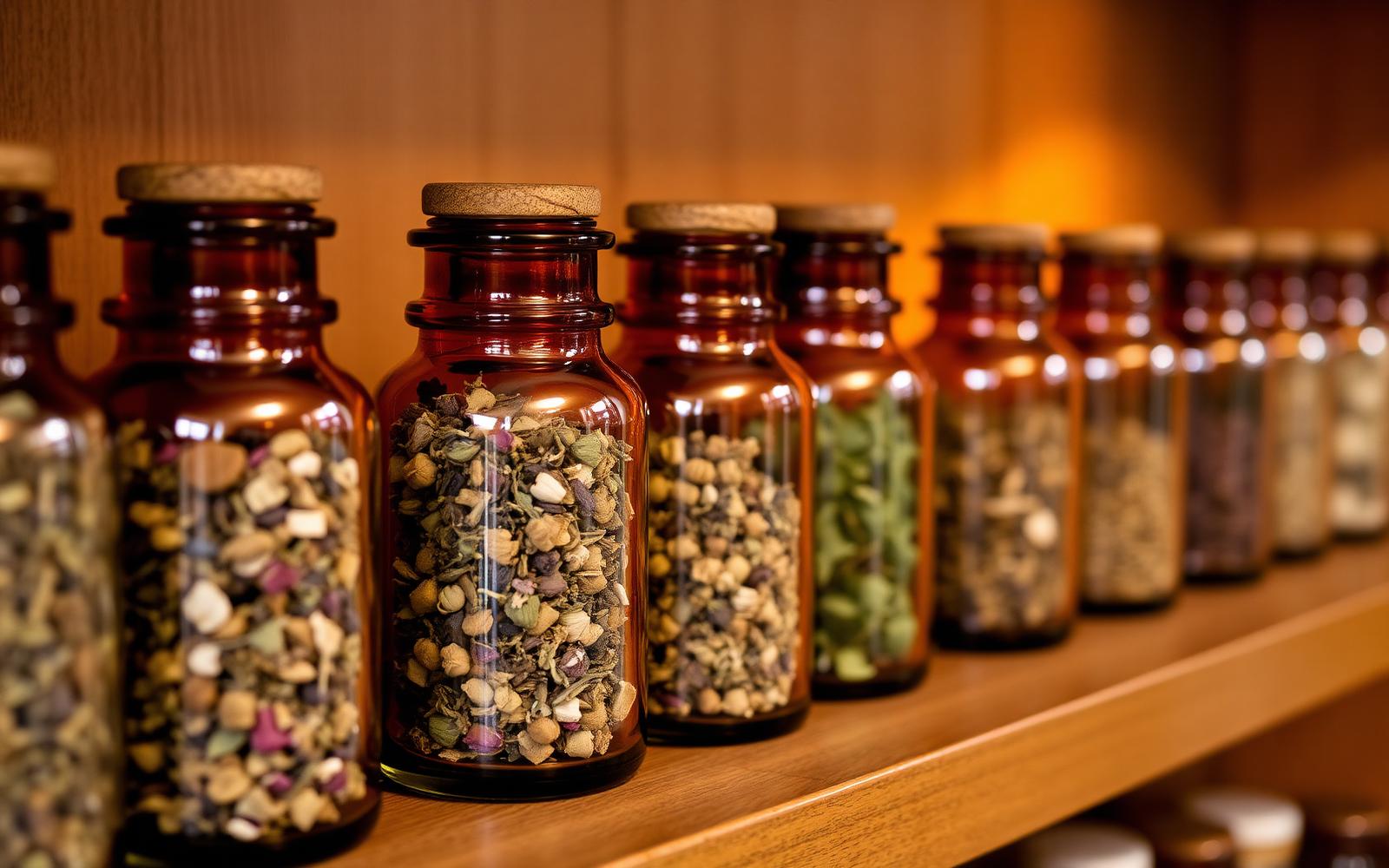 Apothecary jars of dried botanicals